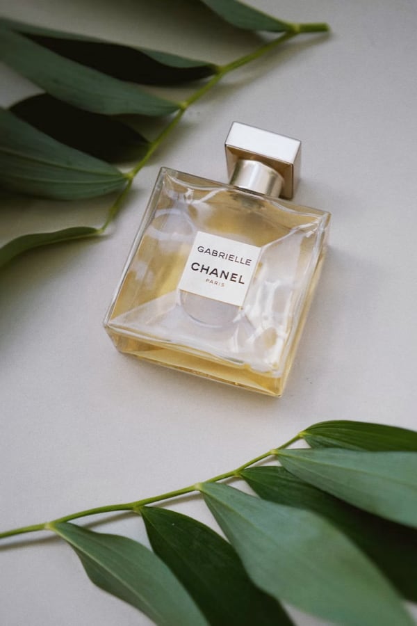 Gabrielle Chanel perfume bottle on a light background with green leaves surrounding it